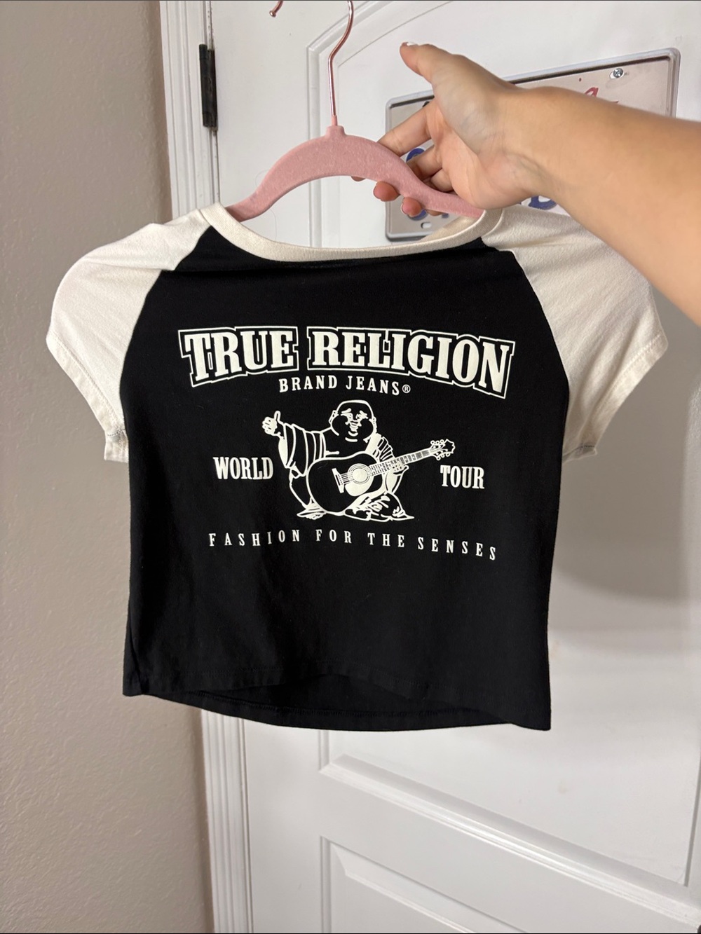 True Religion Black & Cream Raglan Graphic Tee